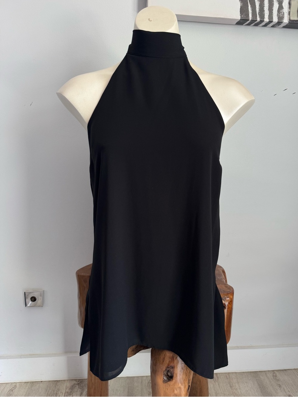 TopShop Black Chiffon Chic High Neck Bow Tie Halter Top Long Tunic Blouse Size 2